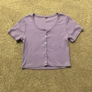 Lavender, button up, short sleeve top.